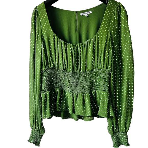 Reformation Hearth Long Sleeve Top Size 6 Peat (Green Polka Dot) - Picture 4 of 15